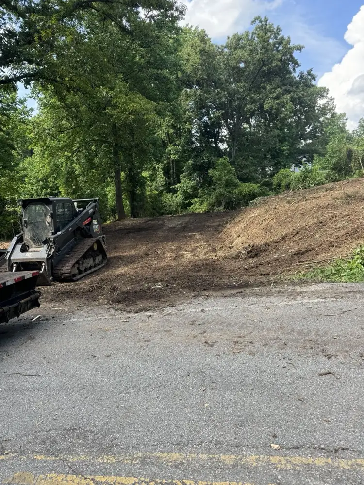 Tracked skid steer at the road edge beside a freshly cleared and shaped bank